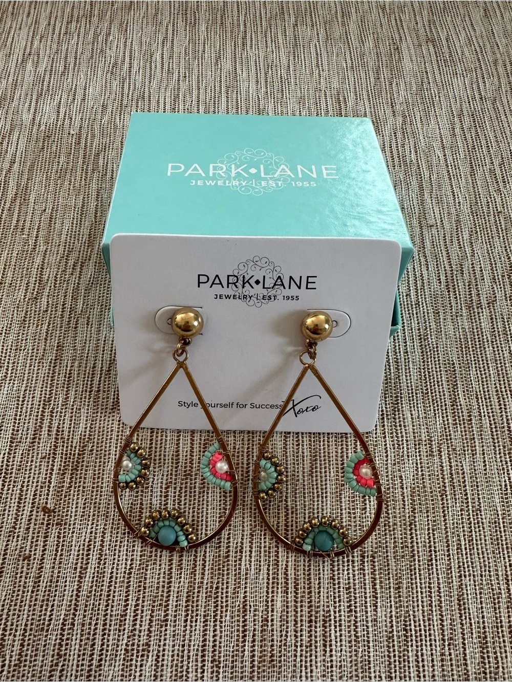 Park Lane Gold Teardrop Earrings with Turquoise and Coral Accents